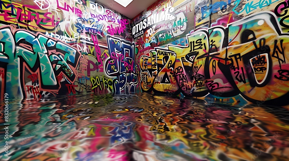 Fototapeta premium A wall covered in graffiti tags that morph into an optical illusion