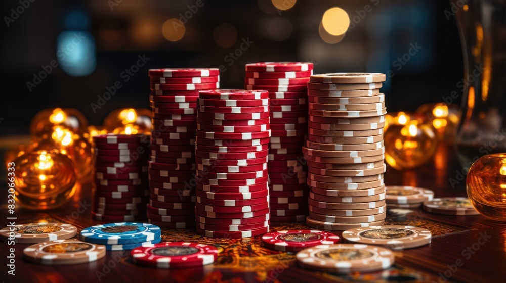 Stacks of multicolored casino chips arranged neatly on a reflective dark surface with ambient lights Stacks of multicolored casino chips arranged neatly on a reflective dark surface with ambient lights