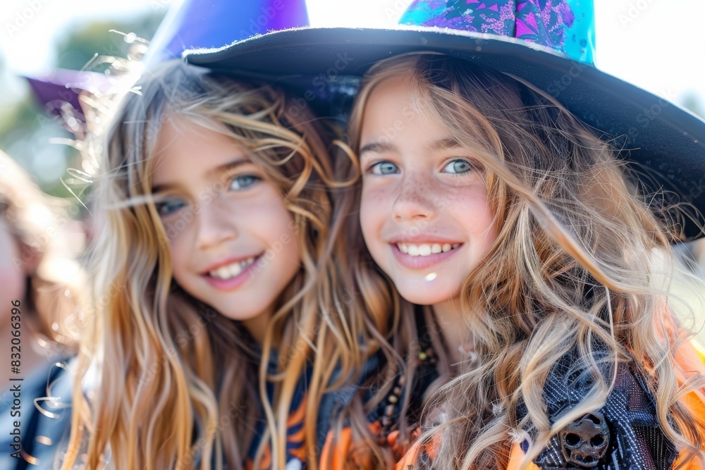 Caucasian Blonde girl attire adorned in vibrant orange, flowers and whimsical witch hats, a group of little girls adds to enchantment of festivities as they delight in magical ambiance.