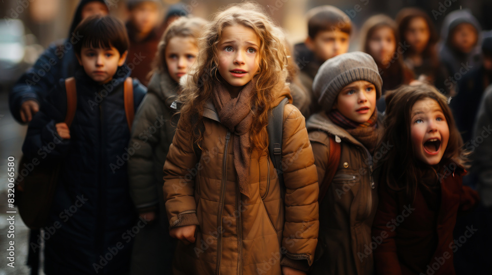 Group of children captured with diverse expressions, curiosity, and wonder Group of children captured with diverse expressions, curiosity, and wonder