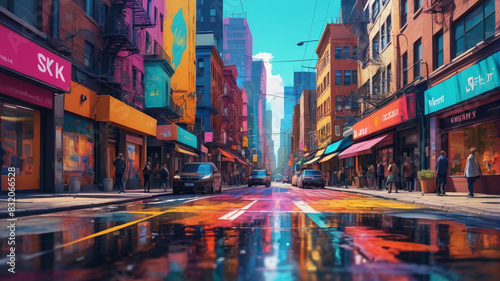 A colorful urban street painting, bustling with life and energy, where every detail of the cityscape is brought to life with vivid hues, Generative AI photo