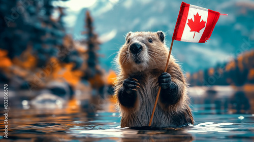 Beaver Holding Canadian Flag For Canada Independence Day National Holiday Celebration With Canadian Nature Landscape in the Background photo