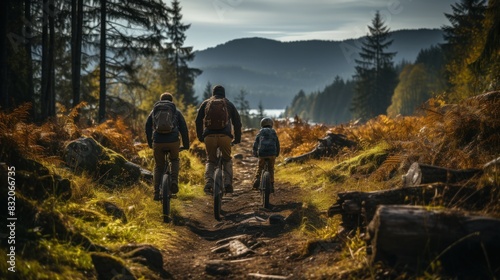 A family enjoys a peaceful bike ride through a forest trail surrounded by autumn foliage