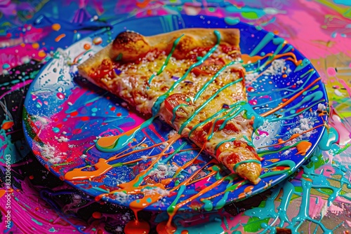 Pizza Slice on plate with colorful artistic paint splattered