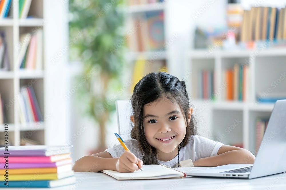 Smart small Asian girl sit at table with laptop studying at home. 6s child write exercise book prepare homework for school. Little kid handwritten in notebook do task assignment. Learning, education Smart small Asian girl sit at table with laptop studying at home. 6s child write exercise book prepare homework for school. Little kid handwritten in notebook do task assignment. Learning, education
