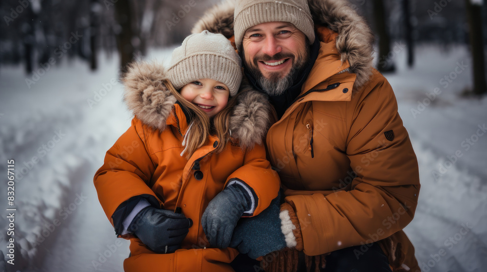 An affectionate moment captured as a father and his little daughter smile warmly in winter clothing An affectionate moment captured as a father and his little daughter smile warmly in winter clothing
