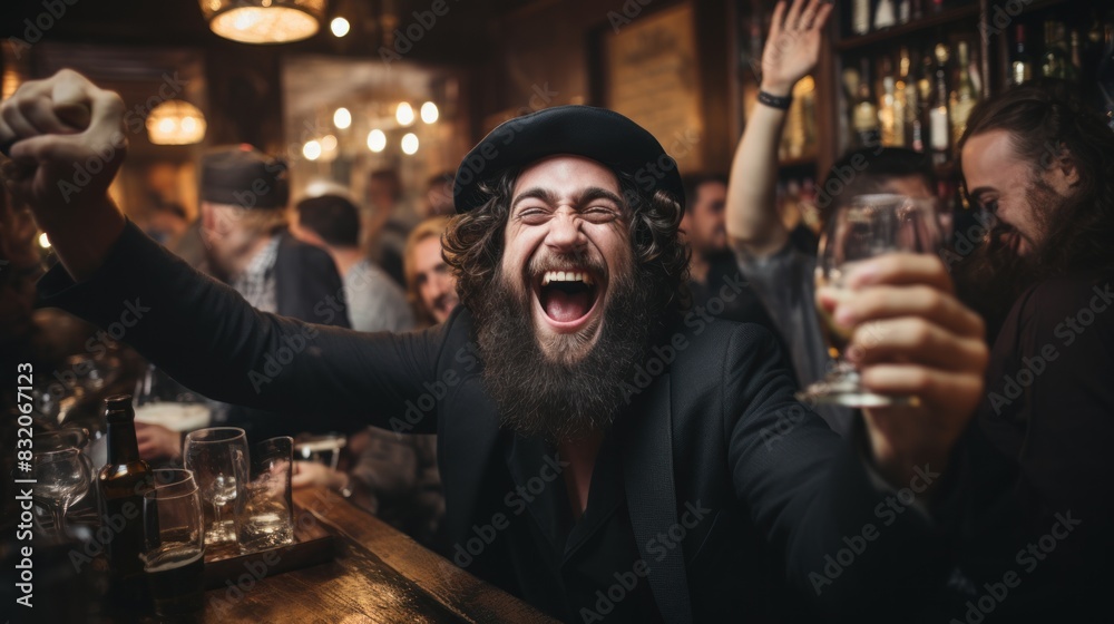 A boisterous scene with a bearded man laughing heartily in a pub surrounded by friends, embodying jubilation