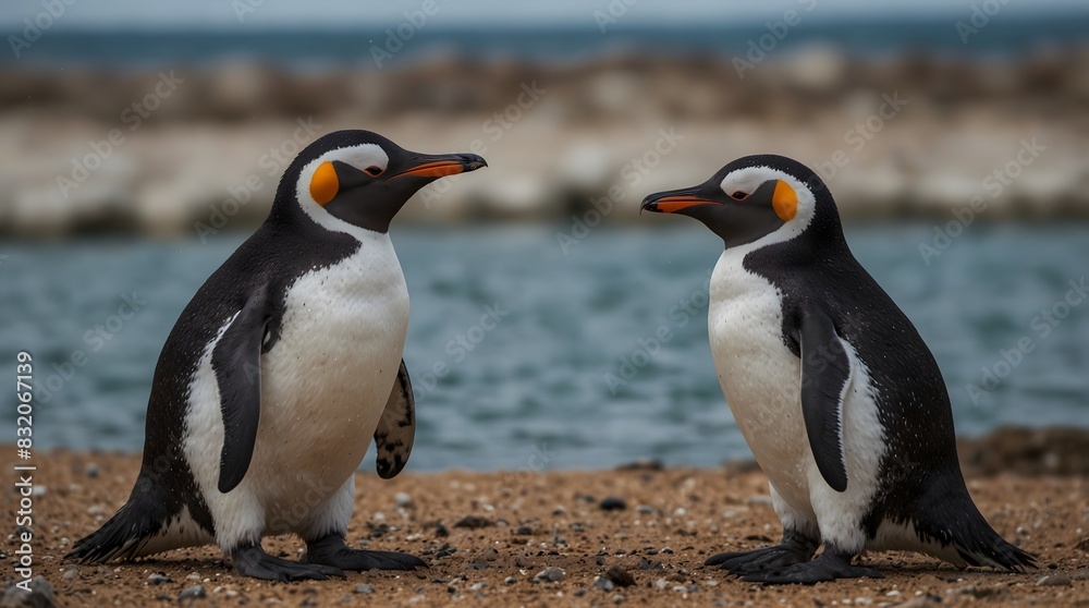 Fototapeta premium A dialogue between two penguins discussing their favorite fish ai_generated