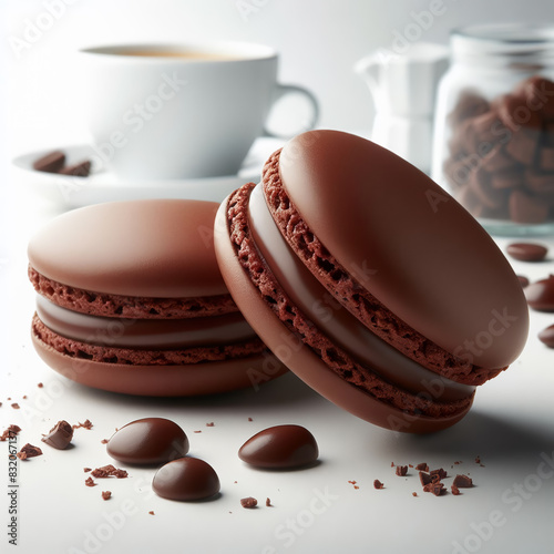 Brown macaroon flavored with chocolate and vanilla on a white background. photo