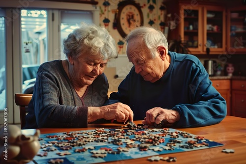 elderly couple doing a puzzle in the living room