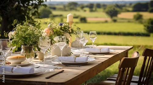 An outdoor wedding table is being set in the southern countryside. Generative AI
