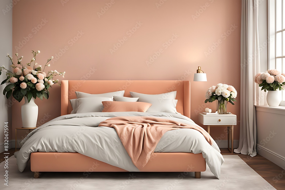 Bedroom in Delicate Peach Fuzz Color Trend 2024 with Panton Furniture and Accent Wall. Modern Luxury Room Interior for Home or Hotel. Empty Warm Apricot Paint Background for Art. 3D Render.