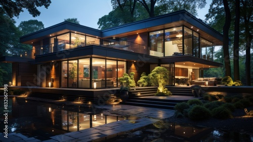 An illuminated luxurious modern home at night with large windows and reflective water features © AS Photo Family