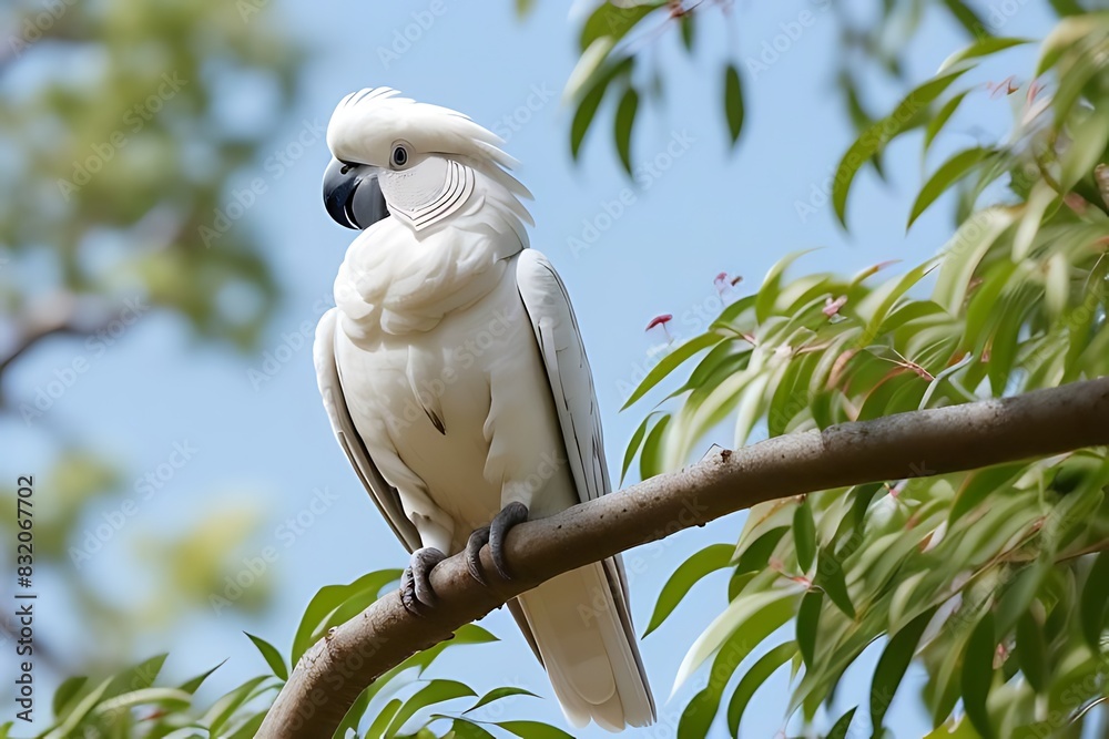 A white cockatoo perches on a branch of a lush, vibrant tree, surrounded by tropical foliage A white cockatoo perches on a branch of a lush, vibrant tree, surrounded by tropical foliage