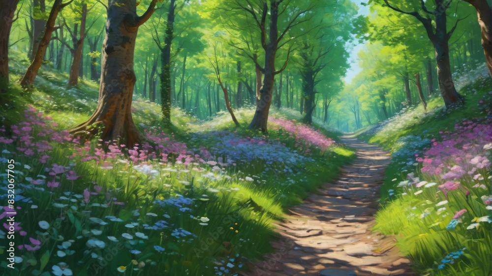 An intricate painting of a forest path in spring, with blossoming flowers and lush greenery, capturing the renewal and beauty of nature, Generative AI