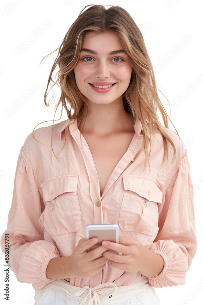 A woman is holding a cell phone and smiling A woman is holding a cell phone and smiling