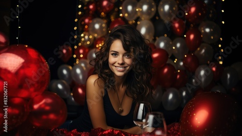 An attractive woman with curly hair smiles while surrounded by red balloons and twinkling lights, holding a glass of wine