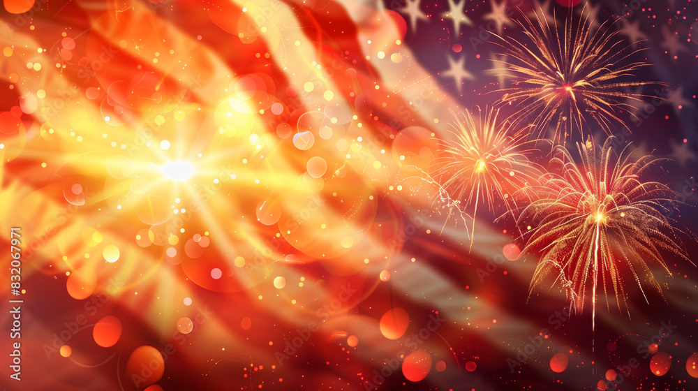 Fototapeta premium Celebratory fireworks on the background of the US flag and sunrise. Independence day