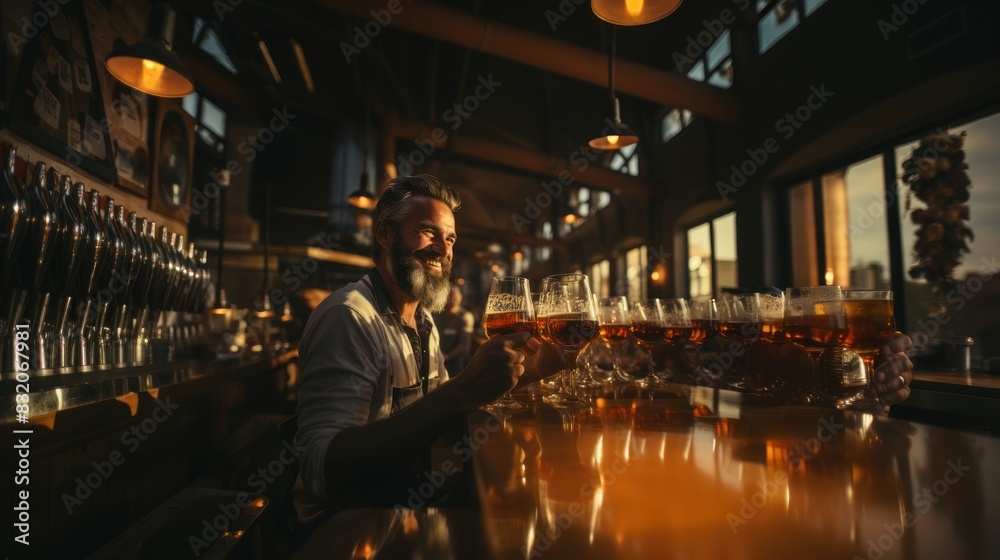 Bartender preparing drinks in a warm, inviting bar setting with reflections and glowing lights