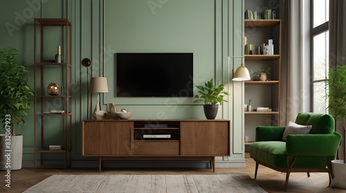3D model of a wall-mounted television mockup on a cabinet in a living area with a green sofa and accent pieces