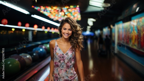 A joyful woman at a bowling alley is smiling under bright colorful lights, exuding fun and a carefree leisure activity