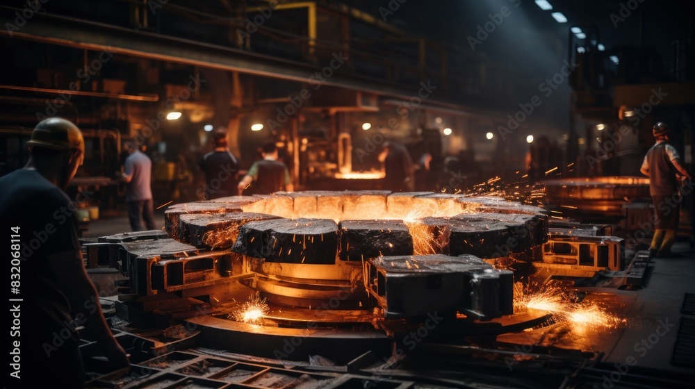 The powerful process of casting molten metal in an industrial foundry with sparks and workers