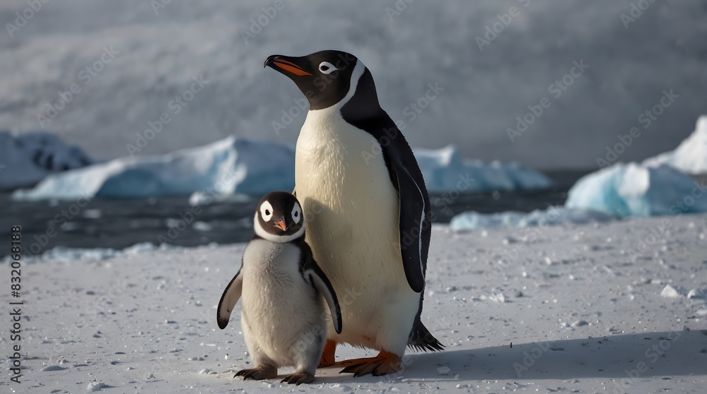 Naklejka premium A penguin family's journey across Antarctica in search of a new home ai_generated