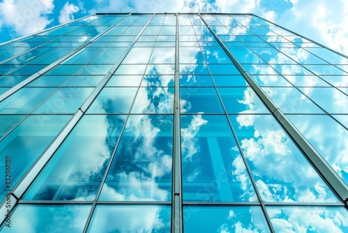 Geometric patterns of modern skyscraper windows reflecting the sky  close-up view