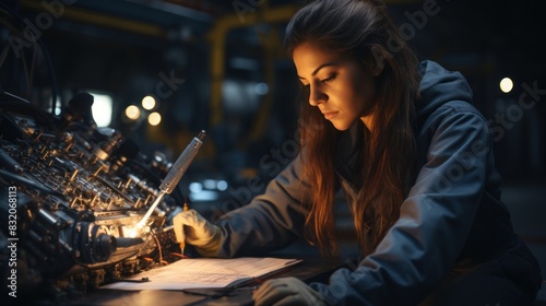 Female technician attentively repairs complex machinery in a dimly lit industrial setting