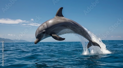 A playful dolphin leaps gracefully out of the crystal-clear turquoise ocean water  surrounded by sunlight and sea spray.