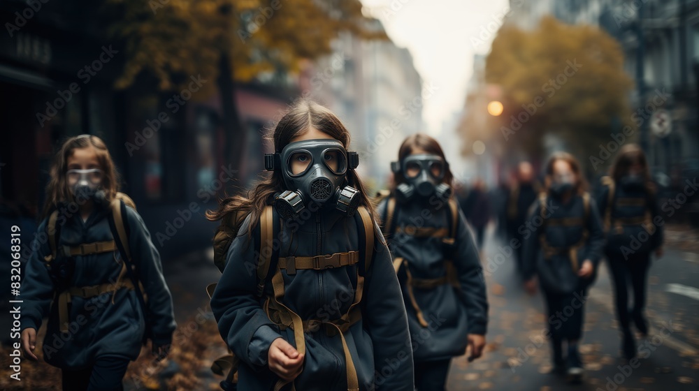 Children in protective clothing and backpacks walk down an urban street Children in protective clothing and backpacks walk down an urban street