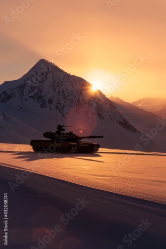 Lone M1 Abrams tank silhouetted against a breathtaking mountain sunset  casting a long shadow on the pristine snow