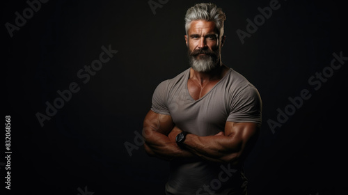 A muscular man with a beard and stylish hair shows confidence and strength with arms crossed in a studio setting