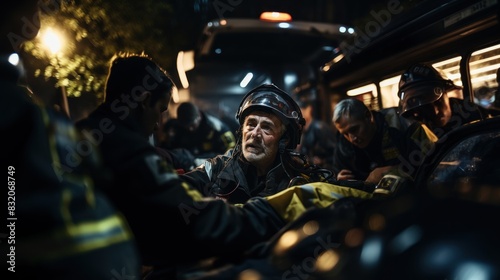 An intense night scene showing emergency responders and police officers with blurred faces, focused on a situation out of frame photo