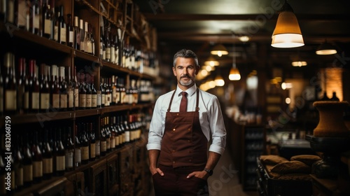 A sophisticated wine steward with a neat beard stands confidently in a well-stocked wine shop, suggesting expertise