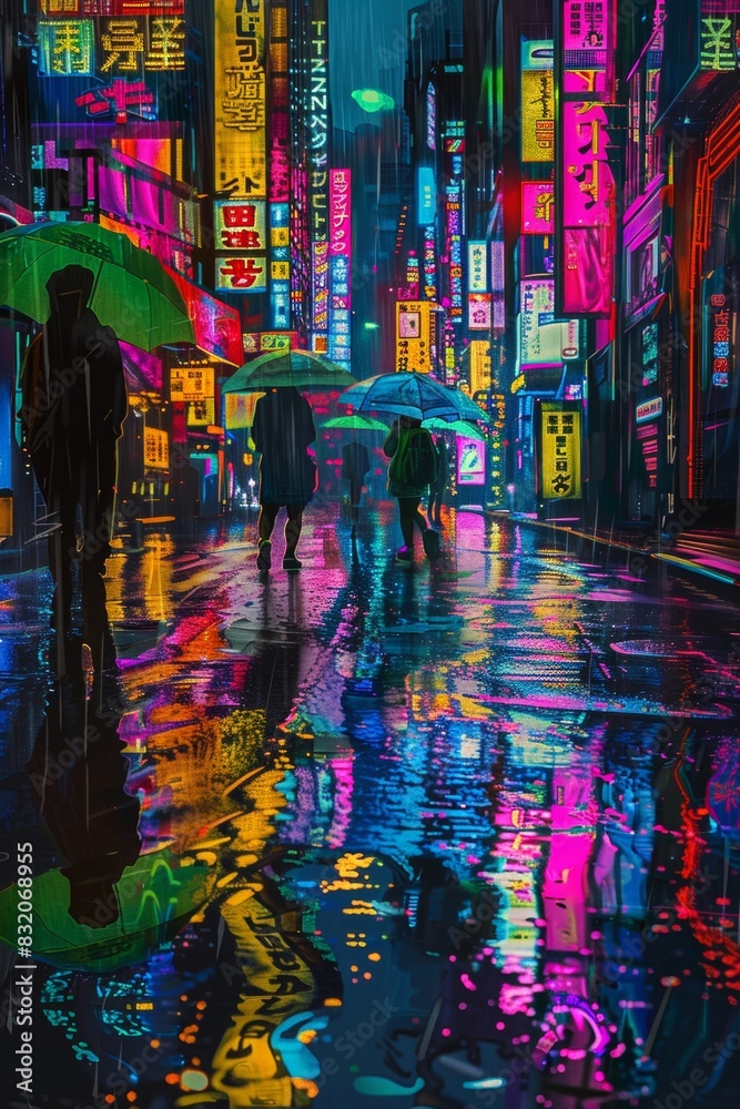 Pop art view of a rain-slicked city street at night, neon signs reflected in puddles, stylized figures with umbrellas