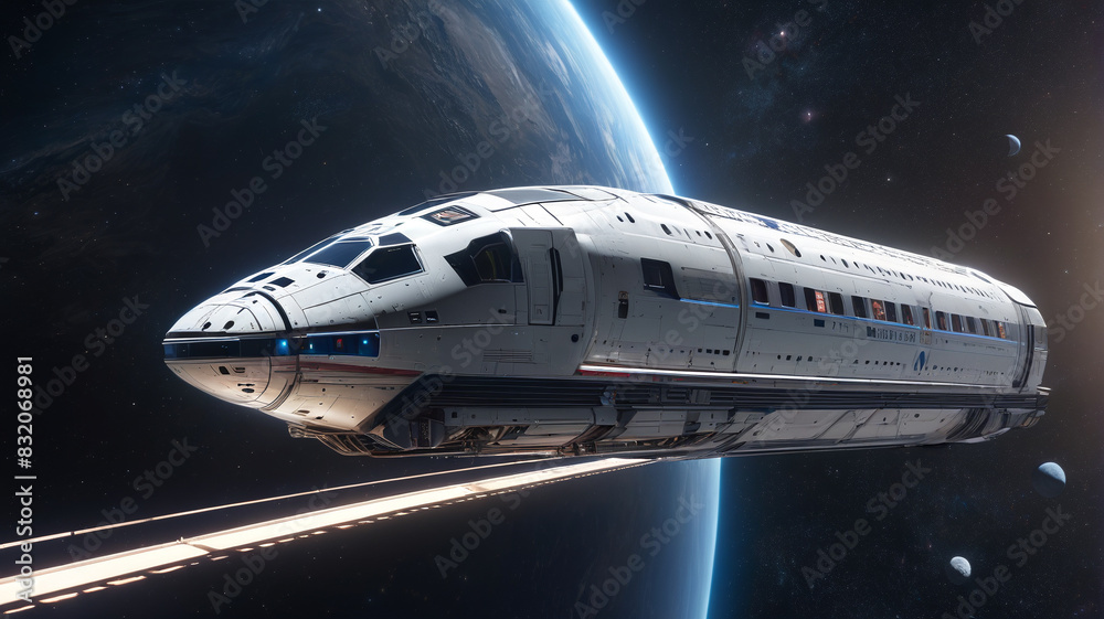 A majestic starliner cruises serenely through the galaxy, with panoramic windows offering stunning views of distant stars, Generative AI