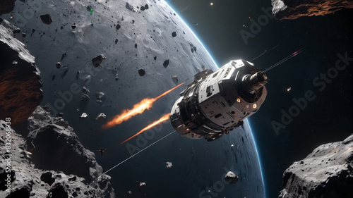 Fototapeta Naklejka Na Ścianę i Meble -  A small, agile spacecraft performing evasive maneuvers through a dense asteroid field, its pilot demonstrating expert control, Generative AI