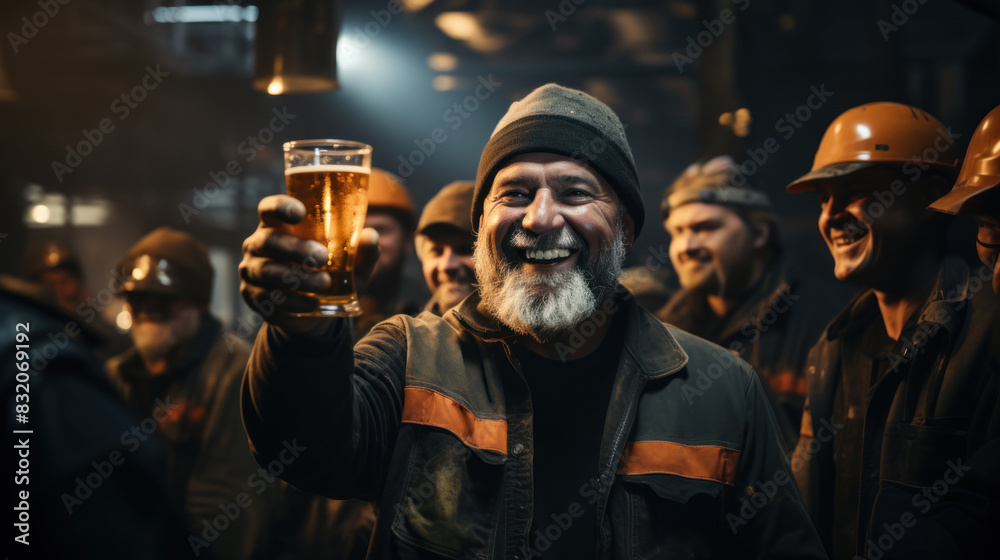 A joyful industrial worker toasting with a pint of beer among colleagues in a factory break room