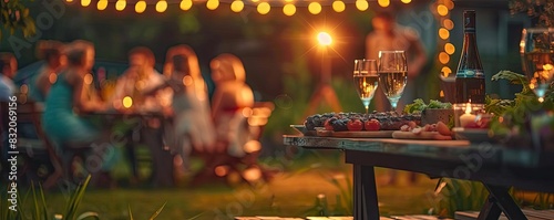 Close-up of a festive outdoor dinner party setting with friends gathered in the background, illuminated by warm string lights.