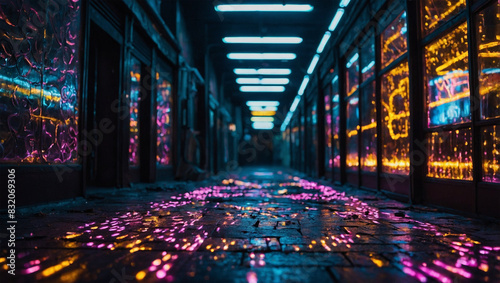Bokeh image of a floor decorated with colorful neon 10 photo