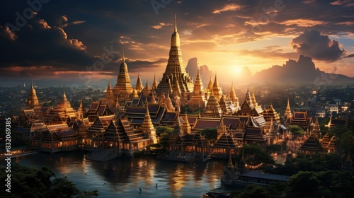 Breathtaking image capturing a sunset illuminating the golden spires of a Thai temple complex photo
