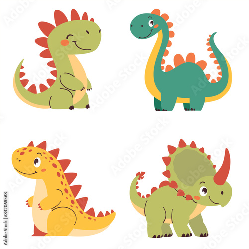 Set of vector illustrations in cartoon style. Super Cute dinosaurs on white background. Vector illustration