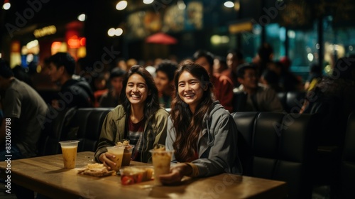 Two young women sharing a joyful moment over delicious snacks and drinks in the buzzing atmosphere of a night cafe