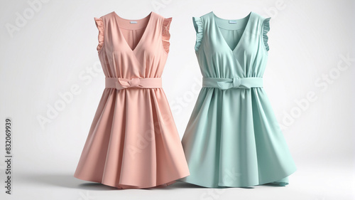 Two casual dresses in complementary pastel shades, neatly folded on a white surface, ready for a relaxed day out, Generative AI