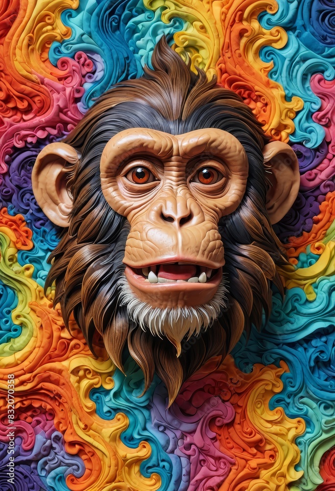 Playful Monkey in a Rainbow of Swirls