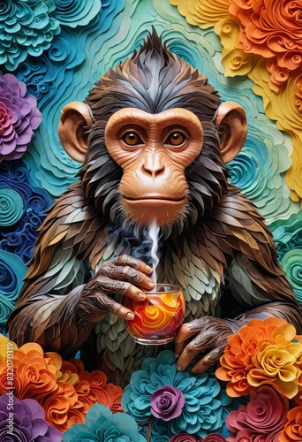 Chimpanzee with Teacup Surrounded by Colorful Paper Flowers