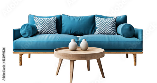A blue sofa with pillows and a white vase on a wooden coffee table