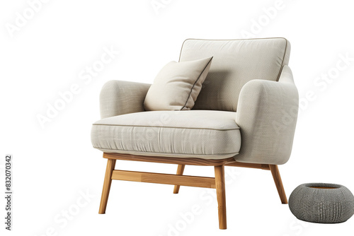 A white chair with a pillow and a small white bowl on the floor
