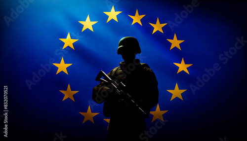 Silhouette of a soldier, set against the backdrop of the European Union flag. 